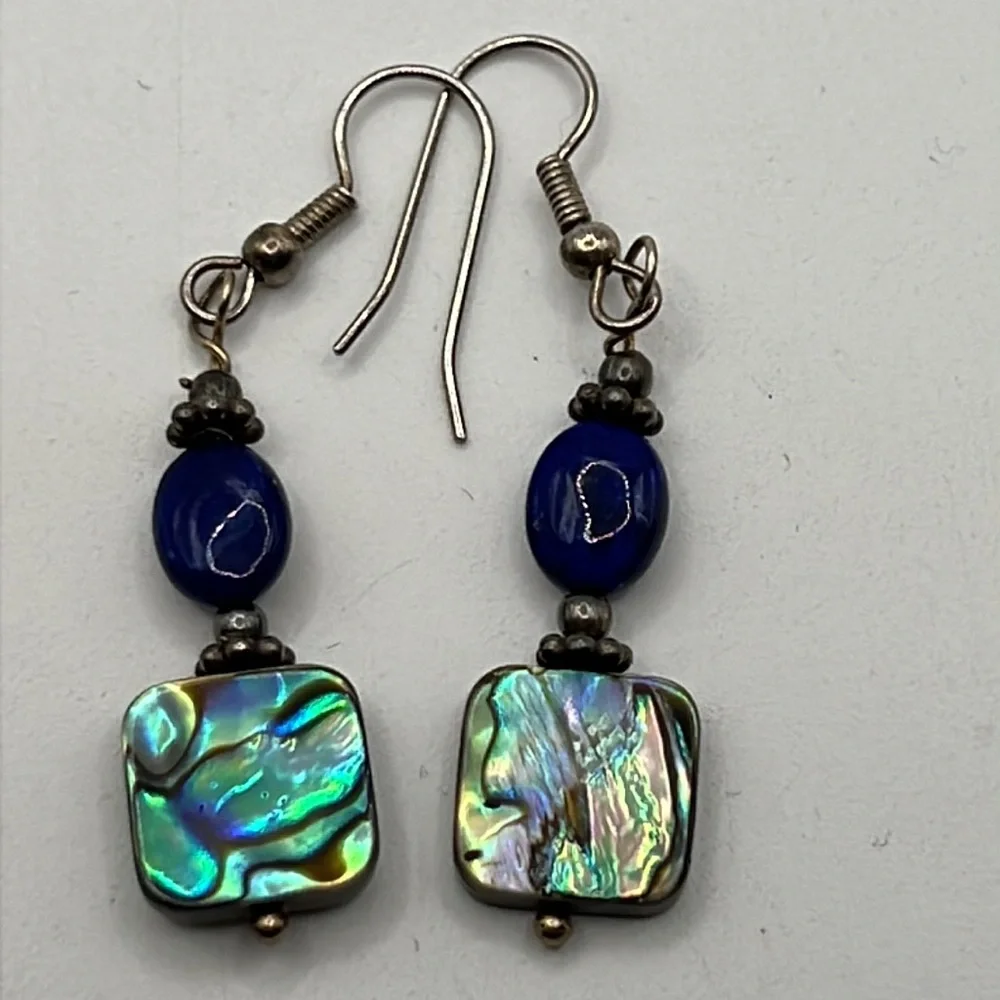 LAPIS, ABALONE, AND STERLING SILVER EARRINGS - Picture 2 of 4